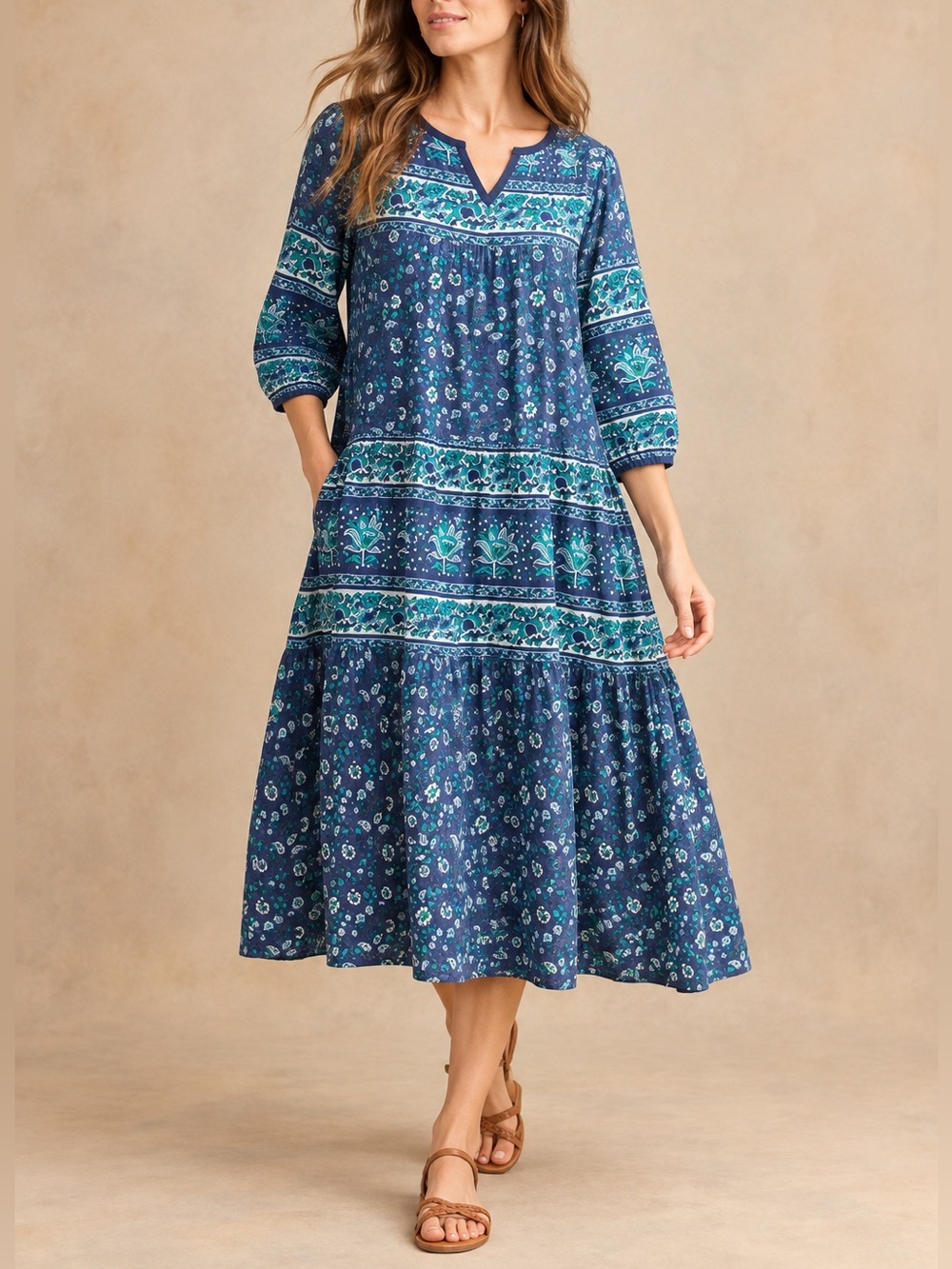 La Cera 3X Blue Floral Border Print Cotton Boho Tiered Midi Dress